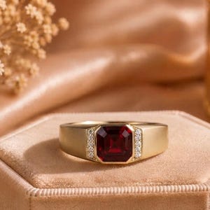 Lab Created Garnet Signet Ring for Men, Gold Ruby Ring, Octagon Ruby Ring, Diamond Accent Ring, Statement Ring, Gift for Him