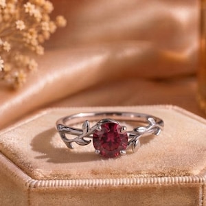 Lab Created Ruby Engagement Ring, Silver Leaf Vine Ring, July Birthstone Ring, Nature Inspired Promise Ring, Anniversary Gift for Her