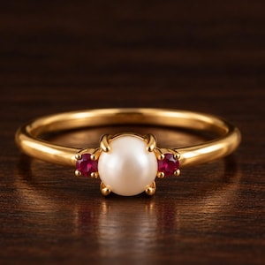 Könnte beinhalten: Ein goldener Ring mit einer zentralen runden weißen Perle, die von zwei kleinen runden roten Rubinen flankiert wird. Die Ringschiene ist glatt und poliert, wobei die Edelsteine von Goldfassungen gehalten werden. Das Design ist symmetrisch und klassisch.