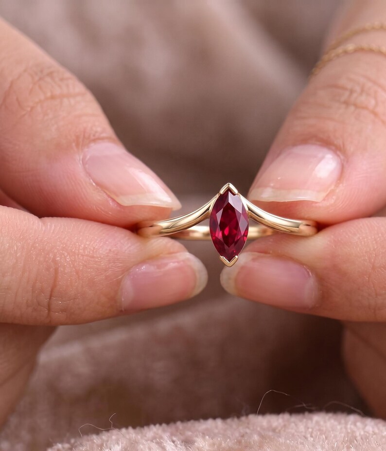 Marquise Ruby Ring, Lab Created Ruby Ring, Minimalist Gold Promise Ring, July Birthstone Ring, Delicate Engagement Gift for Her image 6