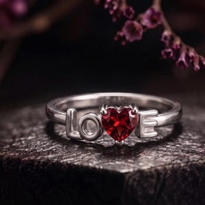 Personalized LOVE Heart Ring, Lab Created Ruby Ring, Heart Promise Ring, Minimalist Couple Ring, Gift for Her, Anniversary Jewelry