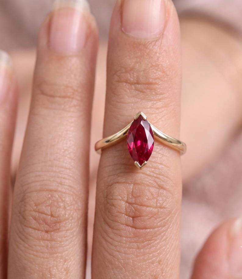 Marquise Ruby Ring, Lab Created Ruby Ring, Minimalist Gold Promise Ring, July Birthstone Ring, Delicate Engagement Gift for Her image 5