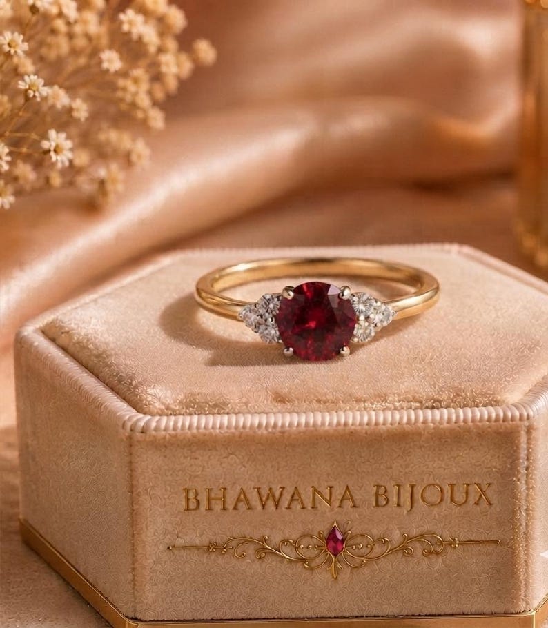 Lab Created Ruby Engagement Ring, Round Ruby Promise Ring, White Gold Diamond Accent Ring, July Birthstone Gift for Women Bild 1