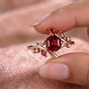 Hexagon Ruby Ring, Lab Created Ruby Ring, Nature Inspired Engagement Ring, Leaf Branch Ring, January Birthstone Gift, Unique Ring image 5