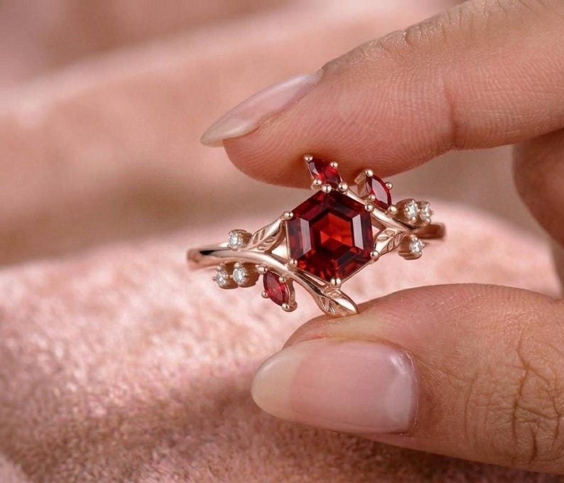 Hexagon Ruby Ring, Lab Created Ruby Ring, Nature Inspired Engagement Ring, Leaf Branch Ring, January Birthstone Gift, Unique Ring image 5