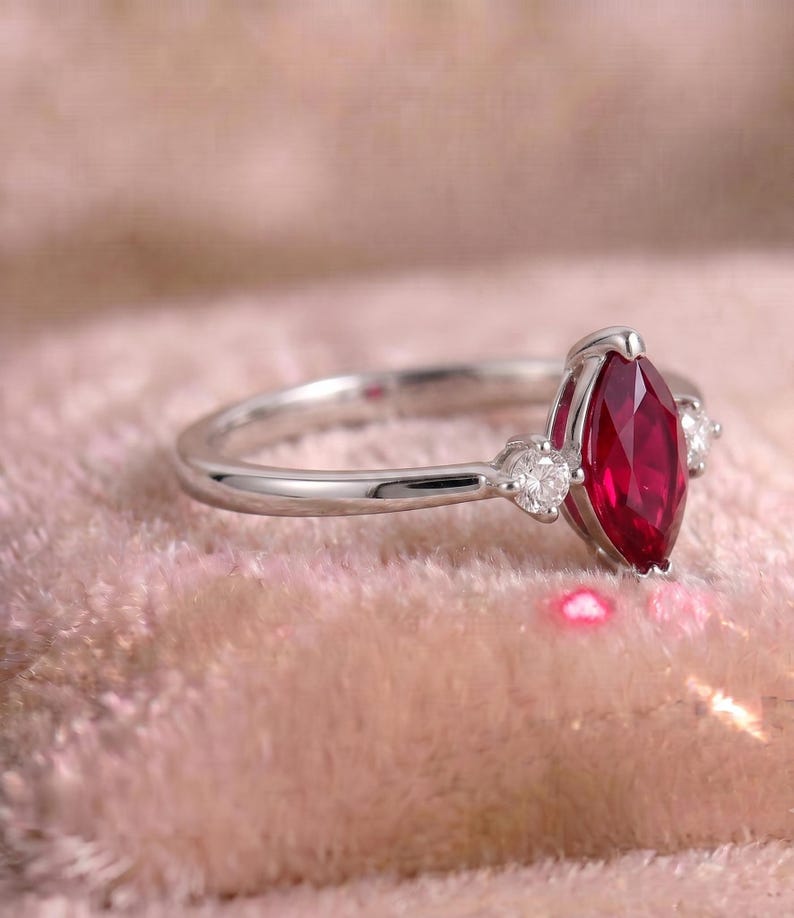 Marquise Ruby Ring, Lab Created Ruby Ring, White Gold Promise Ring, Marquise Engagement Ring, January Birthstone Gift for Her image 3