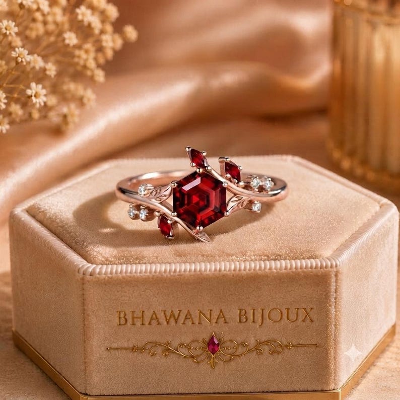Hexagon Ruby Ring, Lab Created Ruby Ring, Nature Inspired Engagement Ring, Leaf Branch Ring, January Birthstone Gift, Unique Ring image 1