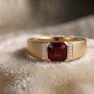 Lab Created Garnet Signet Ring for Men, Gold Ruby Ring, Octagon Ruby Ring, Diamond Accent Ring, Statement Ring, Gift for Him