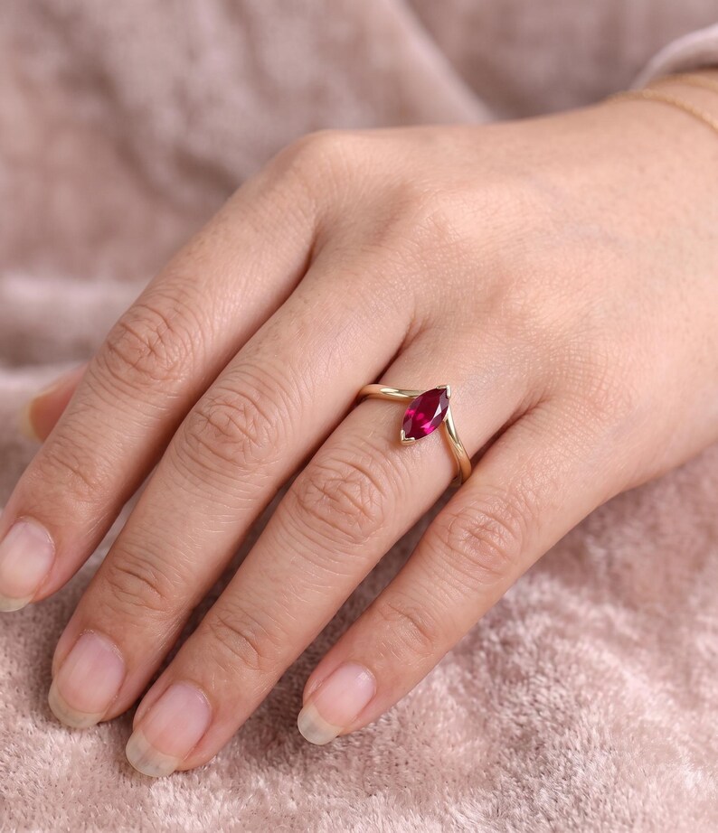 Marquise Ruby Ring, Lab Created Ruby Ring, Minimalist Gold Promise Ring, July Birthstone Ring, Delicate Engagement Gift for Her image 3