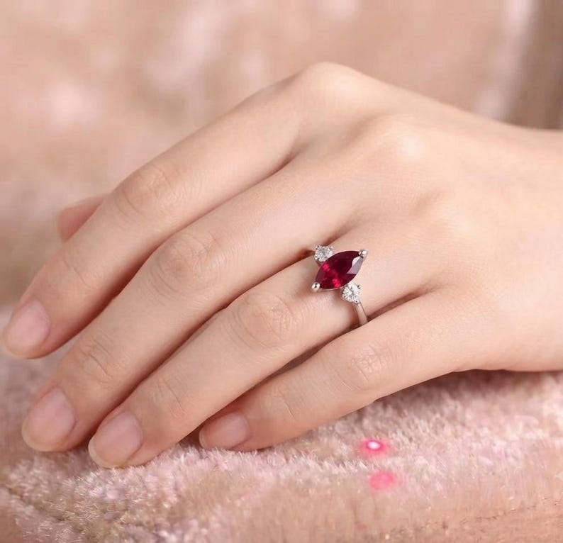 Marquise Ruby Ring, Lab Created Ruby Ring, White Gold Promise Ring, Marquise Engagement Ring, January Birthstone Gift for Her image 6