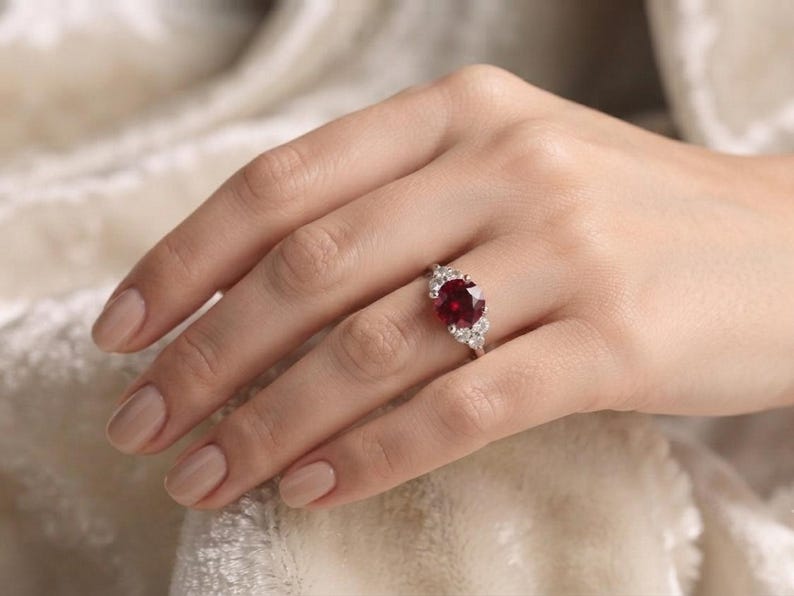 Lab Created Ruby Engagement Ring, Round Ruby Promise Ring, White Gold Diamond Accent Ring, July Birthstone Gift for Women Bild 4
