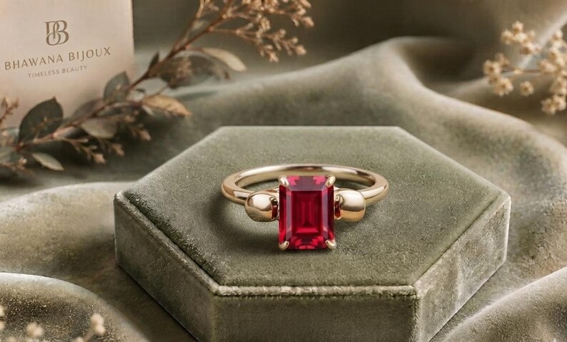 Pu&ograve; includere: Un anello in oro con una pietra preziosa rosso intenso dal taglio rettangolare a smeraldo al centro. La fascia presenta due piccole sfere d'oro lisce su entrambi i lati della pietra centrale, creando un design equilibrato e simmetrico.