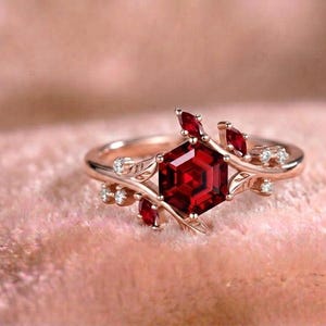 Hexagon Ruby Ring, Lab Created Ruby Ring, Nature Inspired Engagement Ring, Leaf Branch Ring, January Birthstone Gift, Unique Ring image 2