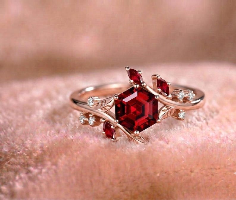 Hexagon Ruby Ring, Lab Created Ruby Ring, Nature Inspired Engagement Ring, Leaf Branch Ring, January Birthstone Gift, Unique Ring image 2