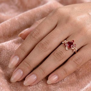 Hexagon Ruby Ring, Lab Created Ruby Ring, Nature Inspired Engagement Ring, Leaf Branch Ring, January Birthstone Gift, Unique Ring image 6