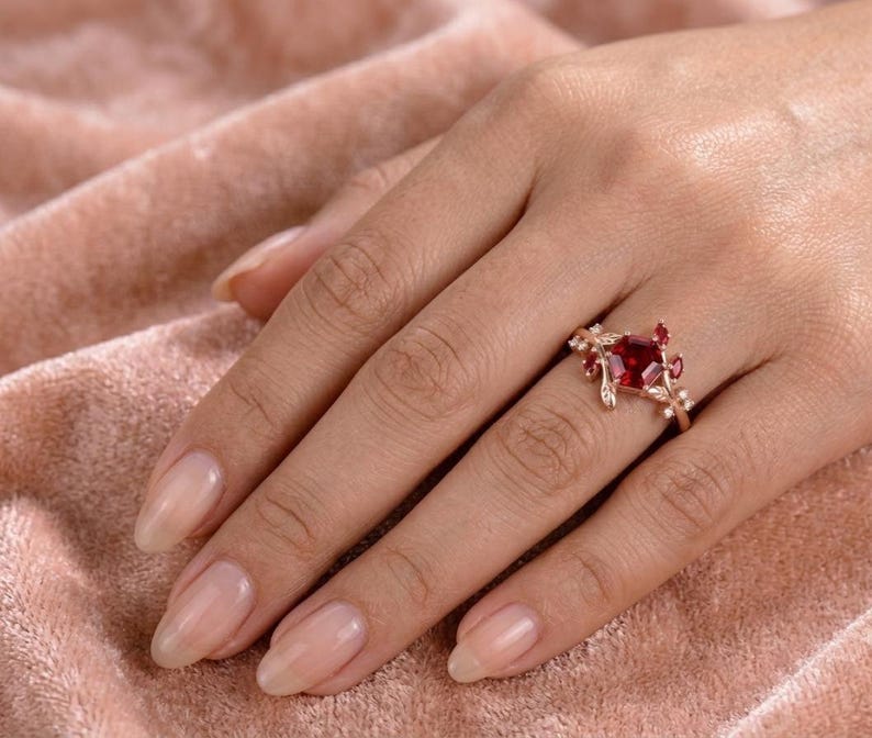 Hexagon Ruby Ring, Lab Created Ruby Ring, Nature Inspired Engagement Ring, Leaf Branch Ring, January Birthstone Gift, Unique Ring image 6