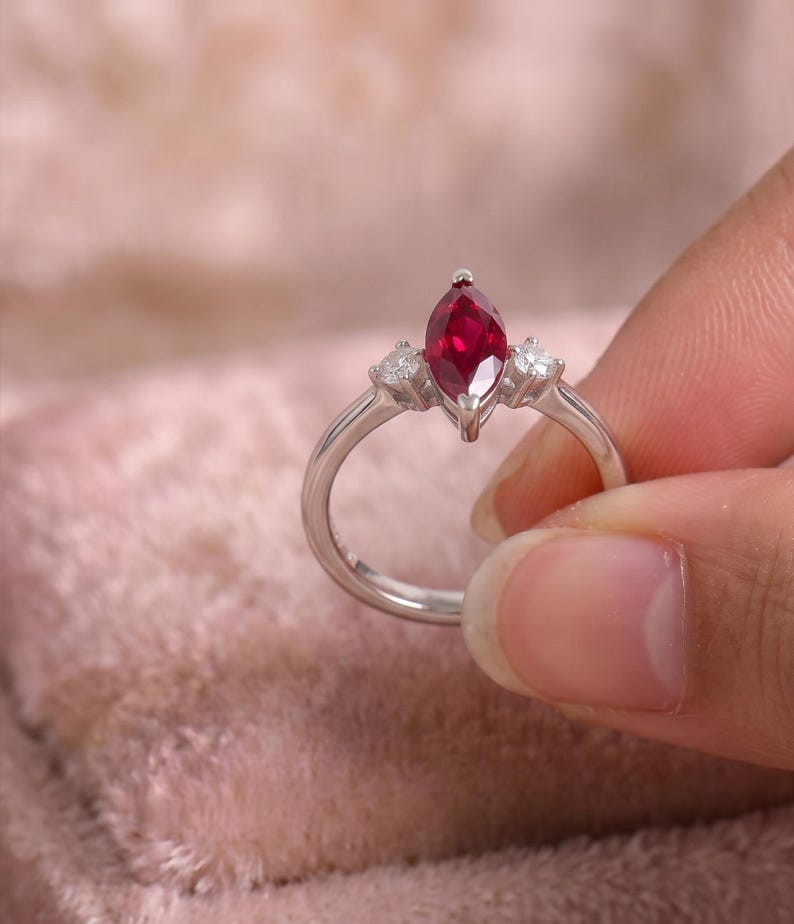 Marquise Ruby Ring, Lab Created Ruby Ring, White Gold Promise Ring, Marquise Engagement Ring, January Birthstone Gift for Her image 5