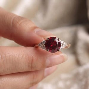 Lab Created Ruby Engagement Ring, Round Ruby Promise Ring, White Gold Diamond Accent Ring, July Birthstone Gift for Women Bild 5
