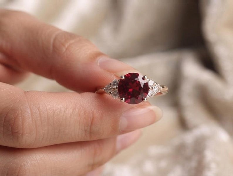 Lab Created Ruby Engagement Ring, Round Ruby Promise Ring, White Gold Diamond Accent Ring, July Birthstone Gift for Women Bild 5