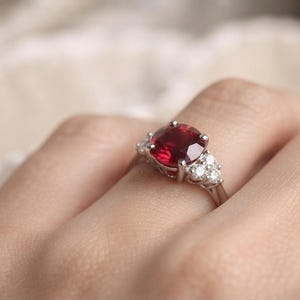 Lab Created Ruby Engagement Ring, Round Ruby Promise Ring, White Gold Diamond Accent Ring, July Birthstone Gift for Women Bild 3