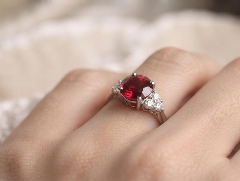 Lab Created Ruby Engagement Ring, Round Ruby Promise Ring, White Gold Diamond Accent Ring, July Birthstone Gift for Women Bild 3