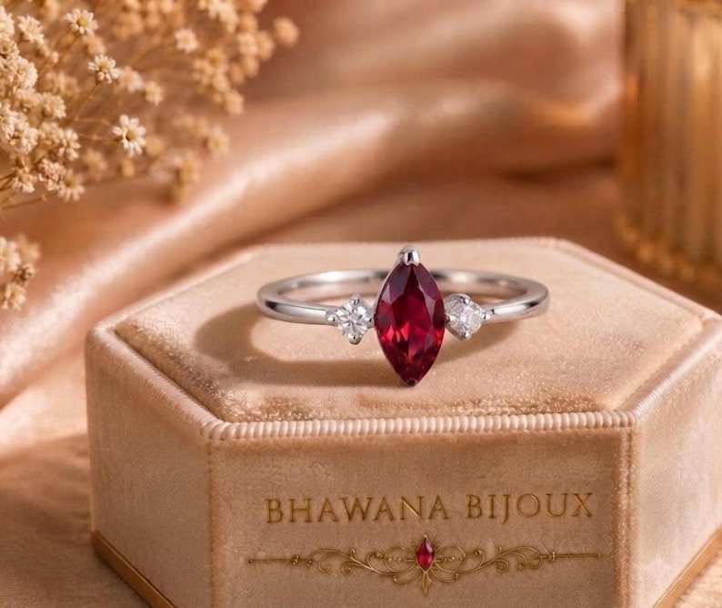 Marquise Ruby Ring, Lab Created Ruby Ring, White Gold Promise Ring, Marquise Engagement Ring, January Birthstone Gift for Her image 1