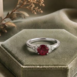 Lab Created Ruby Engagement Ring, Round Ruby Promise Ring, White Gold Diamond Accent Ring, July Birthstone Gift for Women Bild 2