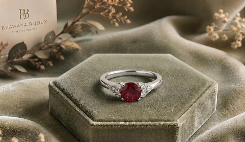 Lab Created Ruby Engagement Ring, Round Ruby Promise Ring, White Gold Diamond Accent Ring, July Birthstone Gift for Women Bild 2