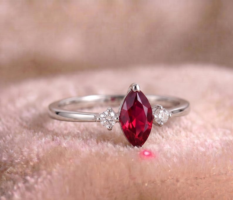 Marquise Ruby Ring, Lab Created Ruby Ring, White Gold Promise Ring, Marquise Engagement Ring, January Birthstone Gift for Her image 2