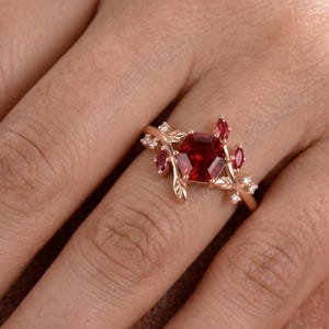 Hexagon Ruby Ring, Lab Created Ruby Ring, Nature Inspired Engagement Ring, Leaf Branch Ring, January Birthstone Gift, Unique Ring image 4