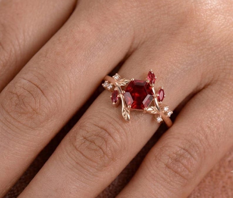 Hexagon Ruby Ring, Lab Created Ruby Ring, Nature Inspired Engagement Ring, Leaf Branch Ring, January Birthstone Gift, Unique Ring image 4