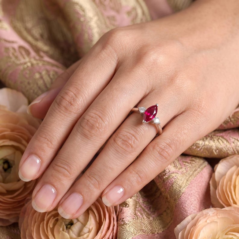 Marquise Ruby Ring, Lab Created Ruby Ring, White Gold Promise Ring, Marquise Engagement Ring, January Birthstone Gift for Her image 4