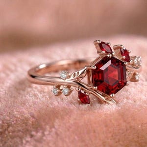 Hexagon Ruby Ring, Lab Created Ruby Ring, Nature Inspired Engagement Ring, Leaf Branch Ring, January Birthstone Gift, Unique Ring image 3