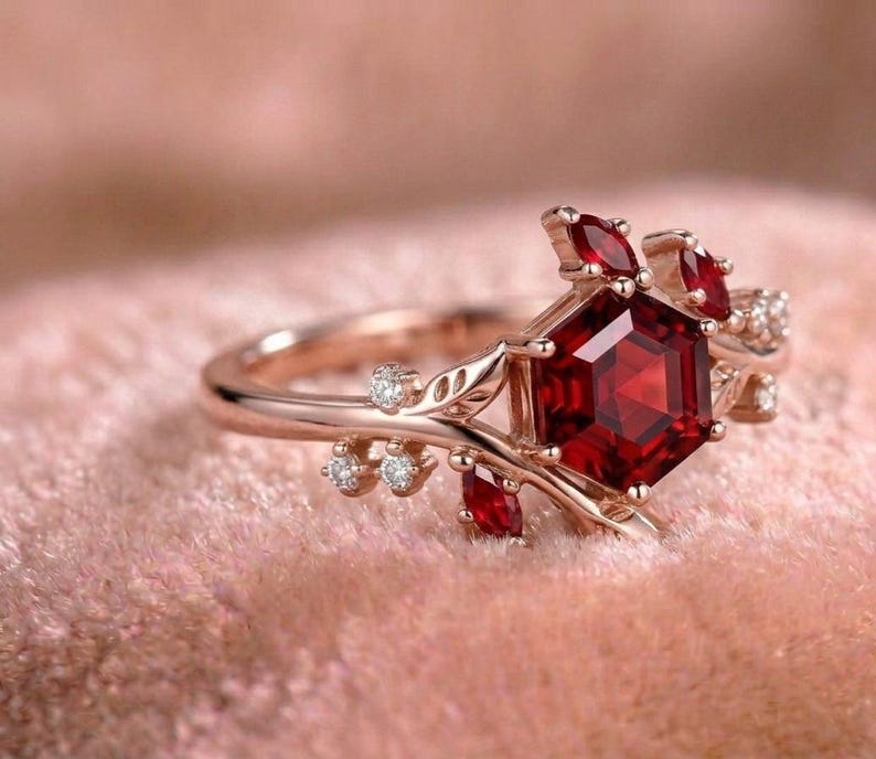 Hexagon Ruby Ring, Lab Created Ruby Ring, Nature Inspired Engagement Ring, Leaf Branch Ring, January Birthstone Gift, Unique Ring image 3