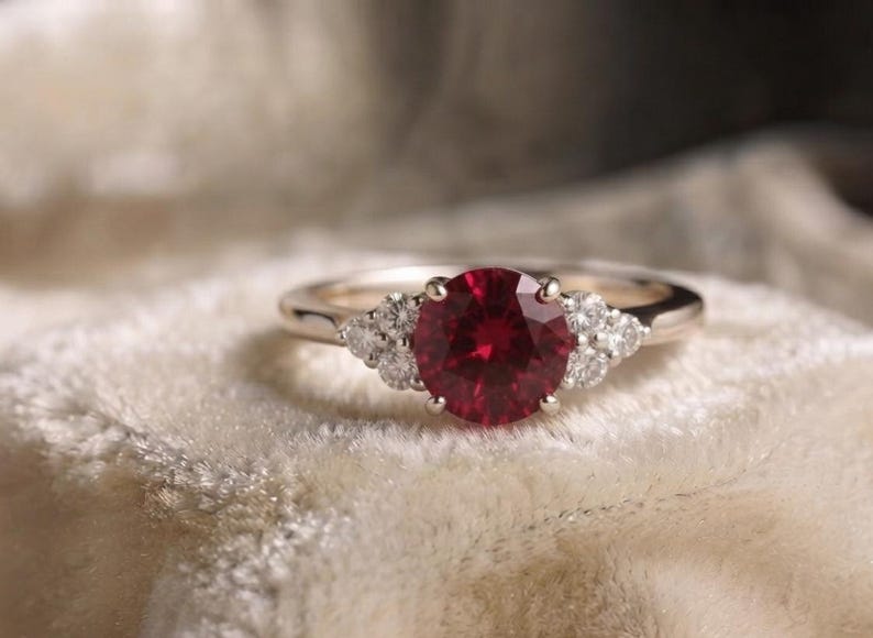 Lab Created Ruby Engagement Ring, Round Ruby Promise Ring, White Gold Diamond Accent Ring, July Birthstone Gift for Women Bild 7