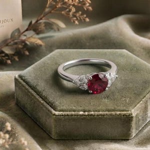 Lab Created Ruby Engagement Ring, Round Ruby Promise Ring, White Gold Diamond Accent Ring, July Birthstone Gift for Women Bild 8