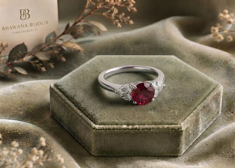 Lab Created Ruby Engagement Ring, Round Ruby Promise Ring, White Gold Diamond Accent Ring, July Birthstone Gift for Women Bild 8