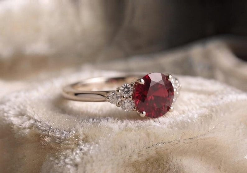 Lab Created Ruby Engagement Ring, Round Ruby Promise Ring, White Gold Diamond Accent Ring, July Birthstone Gift for Women Bild 6