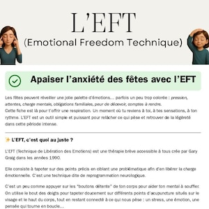 May include: An informational graphic with the title "L'EFT (Emotional Freedom Technique)". The text discusses managing anxiety during the holidays. Two illustrations of people are shown, one on each side of the title, demonstrating the technique.