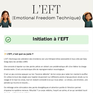 May include: A white and green informational graphic with the title "L'EFT (Emotional Freedom Technique)". The text explains the technique and includes illustrations of a person touching their temples.