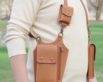 Vintage Leather Chest Rig Bag, Crossbody Harness Bag