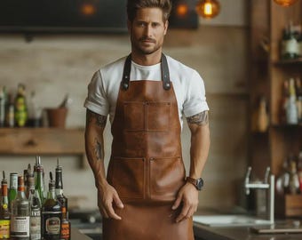 Waxed Brown Leather Bar Apron: Personalized Bartender Apron
