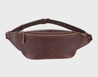Brown Leather Fanny Pack: Adjustable Strap Cowhide Belt Bag