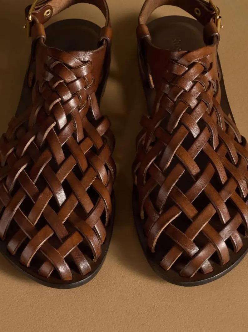 Handmade Genuine Leather Fisherman Sandals for Men - Brown Woven Gladiator Summer Sandals
