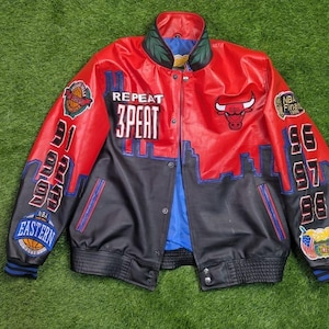 Vintage Chicago Bulls Leather Jacket 1990s NBA Champions Repeat | Red & Black Varsity Streetwear Coat
