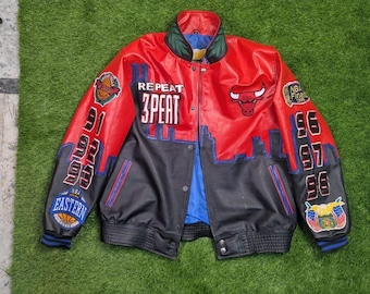 Jaqueta de couro vintage do Chicago Bulls, campeões da NBA dos anos 90 | Casaco estilo universitário vermelho e preto