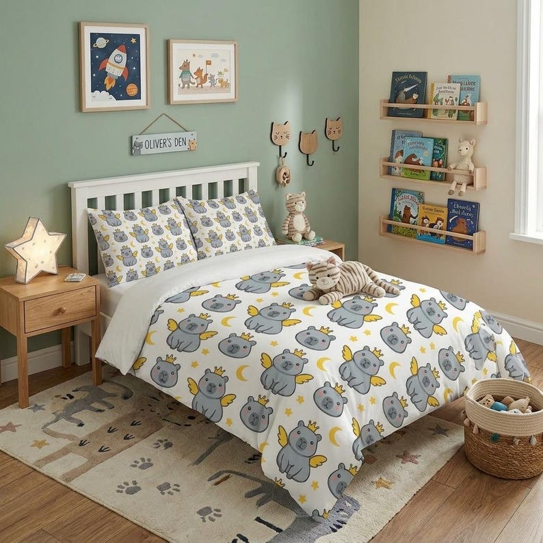 A cozy bedroom scene featuring an angel capybara print bedding set on a wooden frame bed, next to a bookshelf with toys and a star-shaped night light.