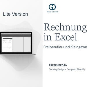 Puede incluir: Un portátil muestra una hoja de cálculo con un documento abierto. El texto "Lite Version" está en la parte superior izquierda. El título "Rechnungen in Excel" se muestra en grande. Presentado por Gehring Design.