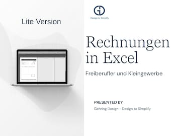 May include: A laptop displaying a spreadsheet with a document open. The text "Lite Version" is at the top left. The title "Rechnungen in Excel" is displayed in large font. The presentation is by Gehring Design.