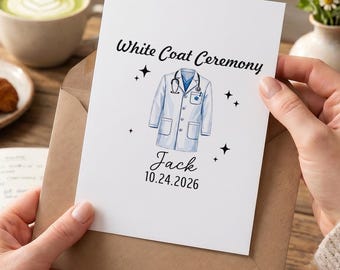Cartão personalizado para a cerimônia do jaleco branco, com nome e data personalizados, presente de parabéns para futuro médico/a estudante de medicina.